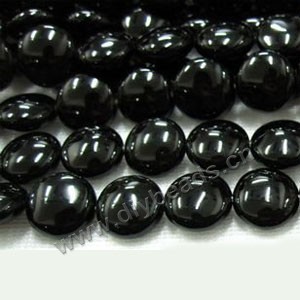 Bead, black agate (dyed), 12mm puffed flat round. Sold per 16-inch strand