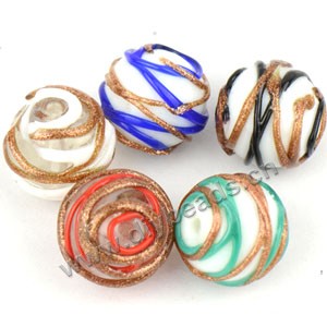 Bead mixed, lampworked glass, white with blue/black/red and bumpy copper-glitter swirls, 14mm round. Sold per pkg of 10.