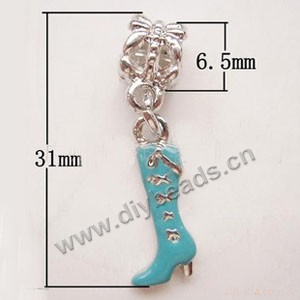 Charm, big-hole beads,silver-plated pewter and enameled , turquoise blue, 6.5x31mm,single-sided boot, 5mm hole. Sold per pkg of 10ps