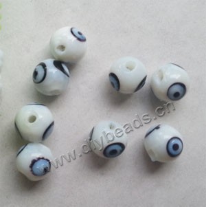 Bead, lampworked glass, opaque white, 8mm round with wards off 3 evil eye design. Sold per pkg of 20.