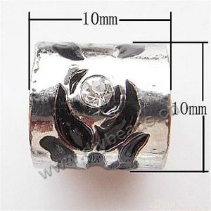 Bead, big-hole beads,silver-plated pewter and enameled , black, 10x10mm round tube with flower and rhinestone, 6mm hole. Sold per pkg of 10ps