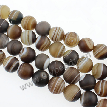 Beads, frosted striped agate, brown color, 8mm round. Sold per pkg of 10 strands