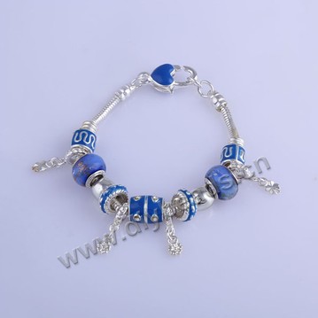 Bracelet,alloy and lampwork glass,blue ,large hole beads,Sold per package of 1 piece