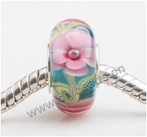 Bead, big-hole beads,Lampworked glass and silver-plated brass grommet,green with flower, 14x7mm rondelle with 4.5 mm hole,sold per pkg of 50ps