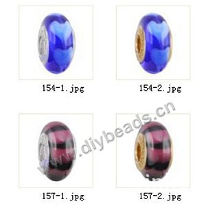 Bead,big-hole beads ,lampworked glass with silver-finished brass grommets,mixed colors and designs,6x12mm-8x14mm rondelle ,4mm spiral hole,sold per pkg of 10ps