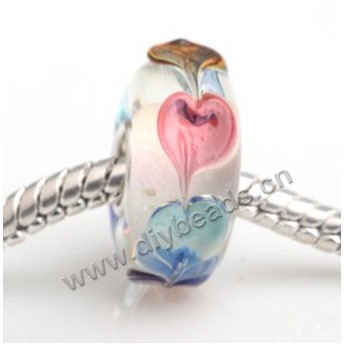Bead, big-hole beads,Lampworked glass and silver-plated brass grommet,white with flower,14x7mm rondelle with 4.5 mm hole,sold per pkg of 50ps