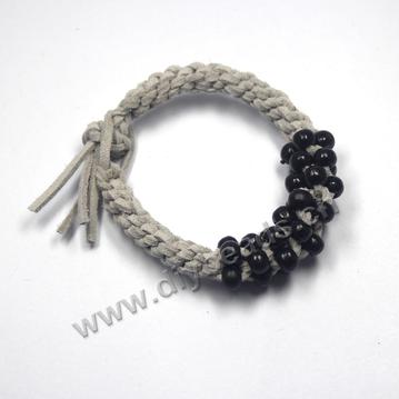 Bracelet, faux suede cord, and beads braided bracelet, grey color, Sold per pkg of 30pcs.