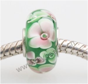 Bead, big-hole beads,Lampworked glass and silver-plated brass grommet,green with flower, 14x7mm rondelle with 4.5 mm hole,sold per pkg of 50ps