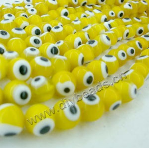 Bead , lampworked glass, opaque yellow, 10mm double-sided round with wards off the evil eye design. Sold per pkg of (4) 15-inch strand.