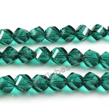 Bead, glass, peacock green, 8mm faceted twist round, sold per pkg 5 strands-72pcs/strand.