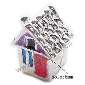 Bead, big-hole beads, silver-plated pewter  and enamel, red/purple/blue, 11.5x9mm house  with 5mm hole. Sold per pkg of 10ps