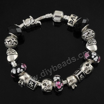 Bracelet,copper alloy and crystal,black,large hole beads,Sold per package of 1 piece