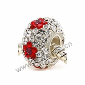 Bead, big-hole beads,rhinestone and 925 silver grommet, red /clear 8x14mm rondelle with 5 mm hole,sold per pkg of 10ps