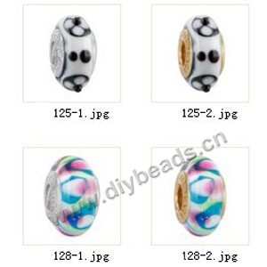 Bead,big-hole beads ,lampworked glass with brass grommets,mixed colors and designs,6x12mm-8x14mm rondelle ,4mm spiral hole,sold per pkg of 10ps