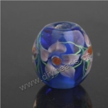 Bead, lampworked glass,blue with flower, 20x20mm round.mini order 50pc 