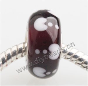 Bead, big-hole beads,Lampworked glass and 925 sterling silver grommet,Coffee with flower, 14x7mm rondelle with 4.5 mm hole,sold per pkg of 50ps