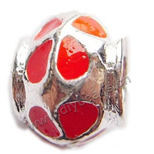 Bead, big-hole beads,silver-plated pewter and enameled , red, 11x13mm drum with dots, 5mm hole. Sold per pkg of 10ps