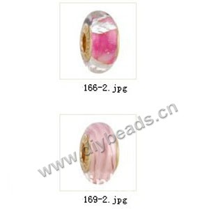 Bead,big-hole beads ,lampworked glass with brass grommets,mixed colors and designs,6x12mm-8x14mm rondelle ,4mm spiral hole,sold per pkg of 10ps