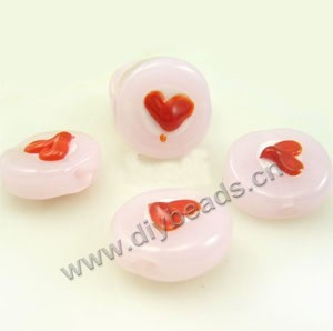 Bead, lampworked glass, opaque pink and red, 15x2mm flat round with "heart"design. Sold per pkg of 6.