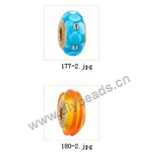 Bead,big-hole beads ,lampworked glass with brass grommets,mixed colors and designs,6x12mm-8x14mm rondelle ,4mm spiral hole,sold per pkg of 4ps