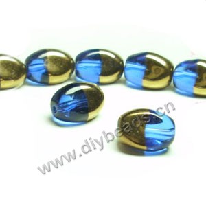Bead ,copper-plated glass, blue, 13x10mm twisted oval. Sold per pkg of ten 30cm strand.