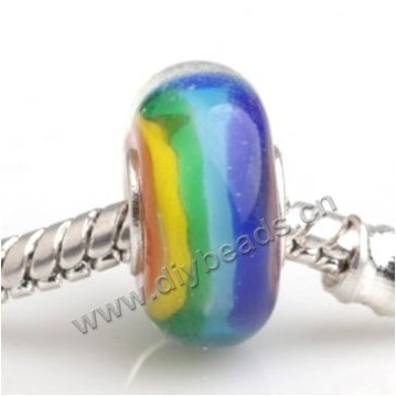 Bead, big-hole beads,Lampworked glass and 925 sterling silver grommet,multicolored,14x7mm rondelle with 4.5 mm hole,sold per pkg of 50ps