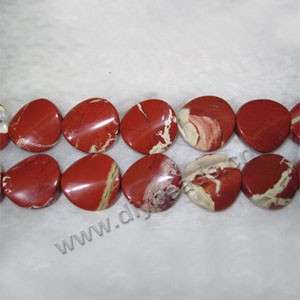 Bead, red flake jasper (natural), 16mm twisted flat round. Sold per 16-inch strand
