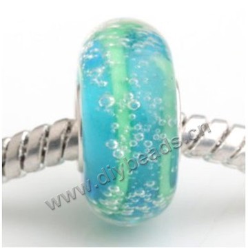 Bead, big-hole beads,Lampworked glass and silver-plated brass grommet,blue with stripe,14x7mm rondelle with 4.5 mm hole,sold per pkg of 50ps