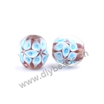 Bead, lampworked glass,brown with flower, 16x16mm round.mini order 50pc 