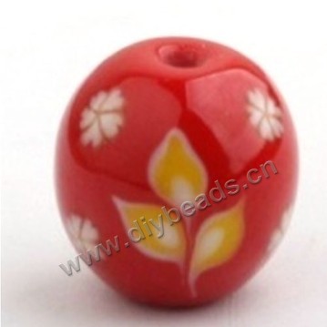 Bead, lampworked glass,red with flower, 18x18mm round.mini order 50pc 