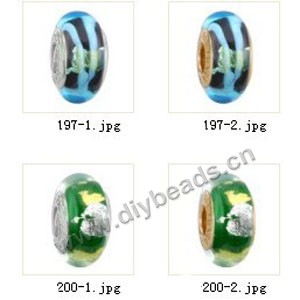 Bead,big-hole beads ,lampworked glass with silver-finished brass grommets,mixed colors and designs,6x12mm-8x14mm rondelle ,4mm spiral hole,sold per pkg of 10ps
