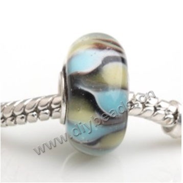 Bead, big-hole beads,Lampworked glass and silver-plated brass grommet,mixed colors ,14x7mm rondelle with 4.5 mm hole,sold per pkg of 50ps