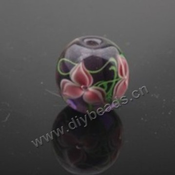 Bead, lampworked glass,black with flower, 14x14mm round.mini order 50pc 