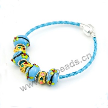 Bracelet,alloy and lampwork glass,blue,large hole beads,Sold per package of 1 piece