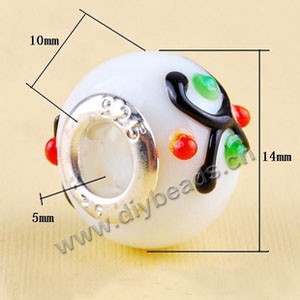 Bead,big-hole beads ,lampworked glass with silver-finished brass ,white/black/red/green,10x14mm rondelle with bumpy dots,5mm hole,sold per pkg of 10ps
