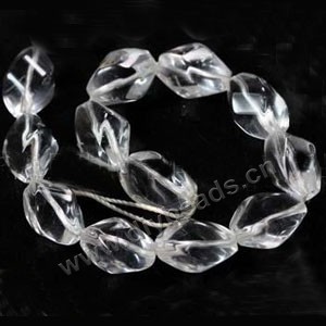Bead,clear quartz crystal (natural), 10x15mm twisted oval. Sold per 16-inch strand
