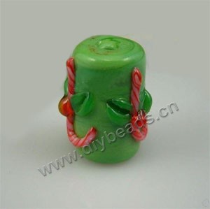 Bead, lampworked glass, opaque green and red, 10x16mm round tube with "candy cane"design. Sold per pkg of 6.
