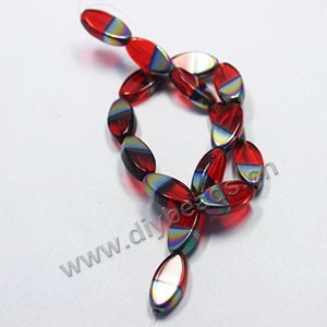 Bead ,silver-plated glass, red, 19x10mm flat oval. Sold per pkg of ten 31cm strand.