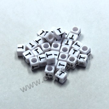 Bead, acrylic,White,alphabet is T, 6x6mm cube with 3.5mm drill hole. Sold per pkg of 100ps