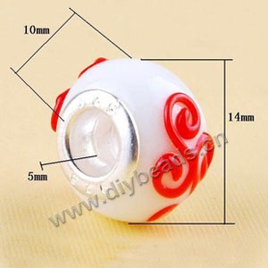 Bead,big-hole beads ,lampworked glass with silver-finished brass ,white/red,10x14mm rondelle with bumpy swirls and 5mm hole,sold per pkg of 10ps