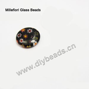 bead,millefiori glass,black/white/yellow ,14x14x3mm flat round,approximately 26ps/strand 