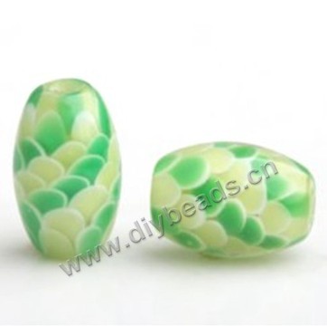 Bead,lampworked glass,green with yellow, 15*10mm oval with fish scale design. Sold per pkg of 5.