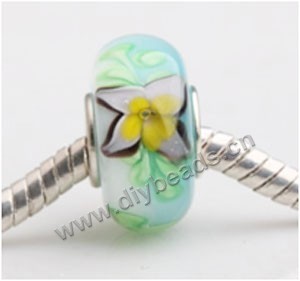 Bead, big-hole beads,Lampworked glass and 925 sterling silver grommet,White with flower, 14x7mm rondelle with 4.5 mm hole,sold per pkg of 50ps