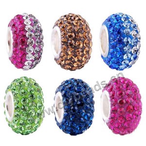 Bead, big-hole beads,clay rhinestone and silver-finshed brass grommet, multicolored, 6x12mm rondelle with 4 mm hole,sold 20ps