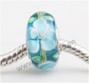 Bead, big-hole beads,Lampworked glass and silver-plated brass grommet,green with flower, 14x7mm rondelle with 4.5 mm hole,sold per pkg of 50ps