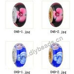 Bead,big-hole beads ,lampworked glass with silver-finished brass grommets,mixed colors and designs,6x12mm-8x14mm rondelle ,4mm spiral hole,sold per pkg of 10ps