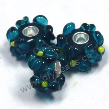 Bead,big-hole beads ,lampworked glass with silver-finished brass,16x10m rondelle,blue,mini order 50pcs