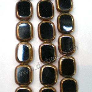Bead, copper-plated glass, black, 10x12mm rectangle. Sold per pkg of ten 16-inch strand.