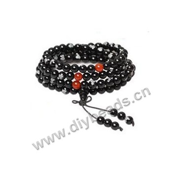 Bracelet,3-strand,black agate , 6mm round Lotus and fo,printed,buddhist prayer beads . 