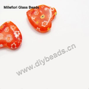 bead,millefiori glass,red orange/white/yellow/blue ,12x12x4mm flat heart,approximately 31ps/strand 